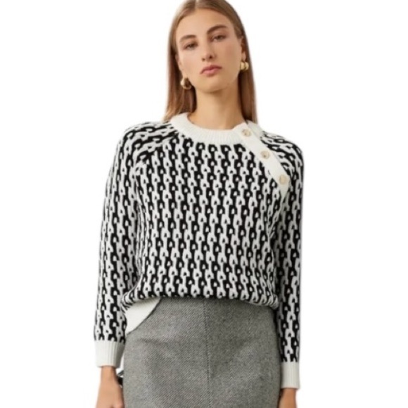 Derek Lam Collective Sweater Crewneck Gold Shoulder Buttons Black White Knit M - Picture 3 of 9